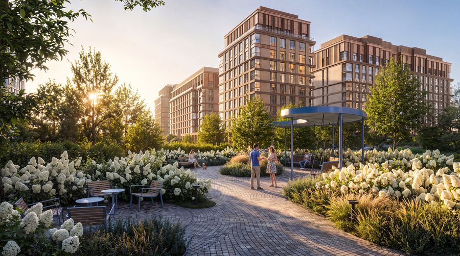 Peninsula Residential District · courtyard — evening light — after AI post-production