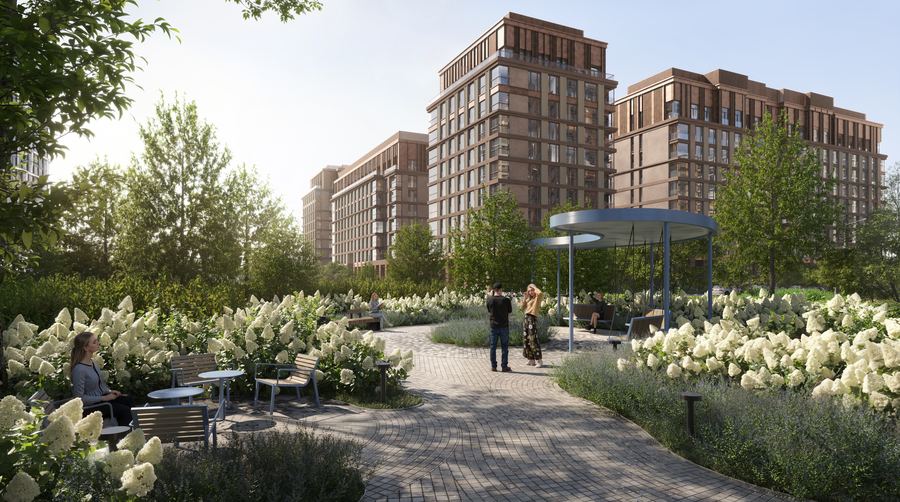 Peninsula Residential District · courtyard — evening light — before AI post-production