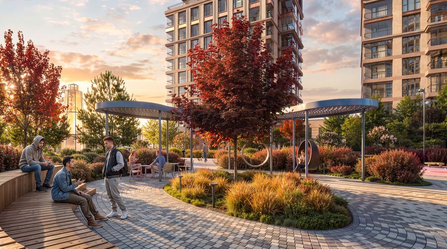 Peninsula Residential District · plaza by the buildings — autumn palette — after AI post-production