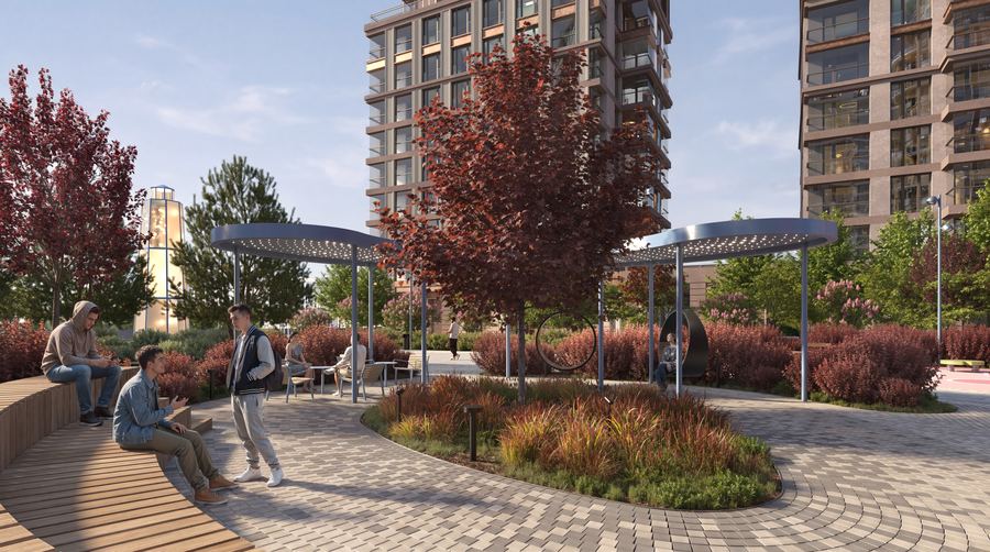 Peninsula Residential District · plaza by the buildings — autumn palette — before AI post-production