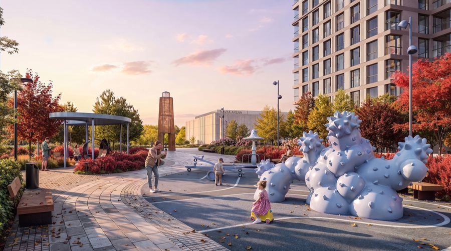 Peninsula Residential District · children's playground — sunset scene — after AI post-production