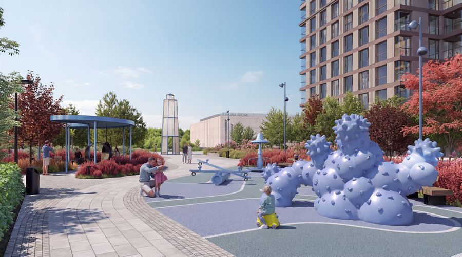 Peninsula Residential District · children's playground — sunset scene — before AI post-production