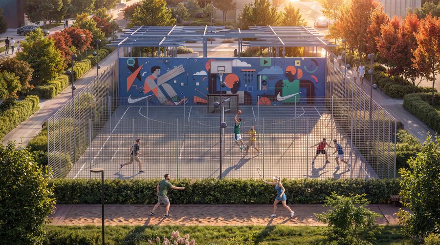 Peninsula Residential District · sports core — evening scenario — after AI post-production