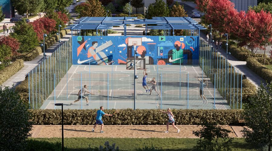 Peninsula Residential District · sports core — evening scenario — before AI post-production