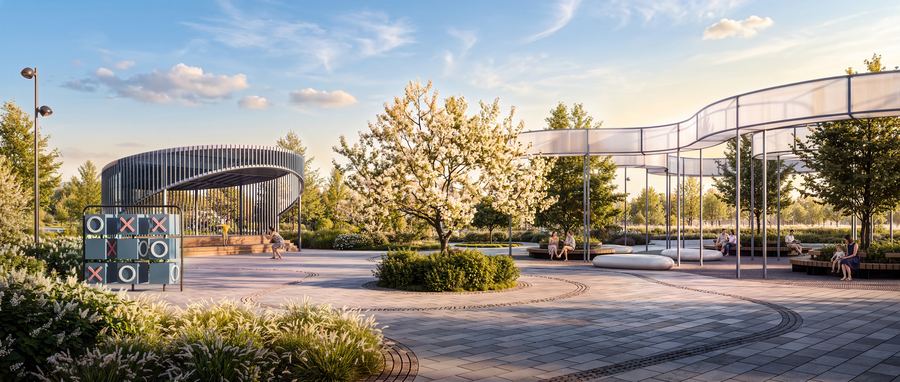 Peninsula Residential District · pump track — spring blossom — after AI post-production