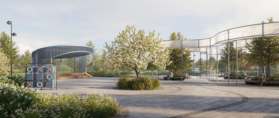 Peninsula Residential District · pump track — spring blossom — before AI post-production