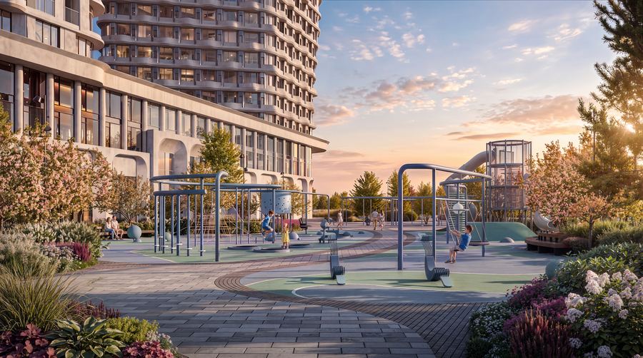 Peninsula Residential District · play area — warm light and detailing — after AI post-production