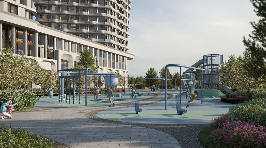 Peninsula Residential District · play area — warm light and detailing — before AI post-production