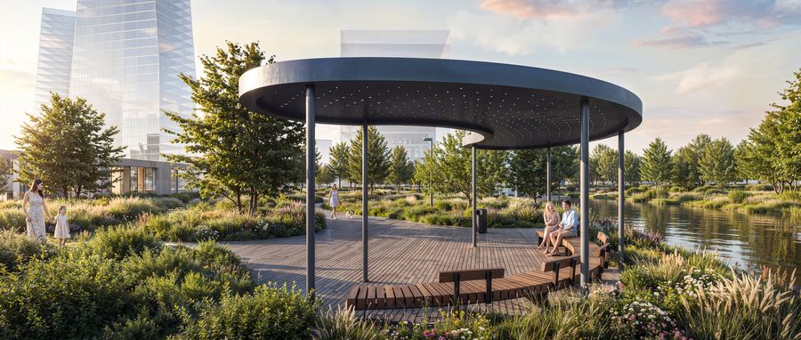 Peninsula Residential District · waterside pavilion — evening mood — after AI post-production