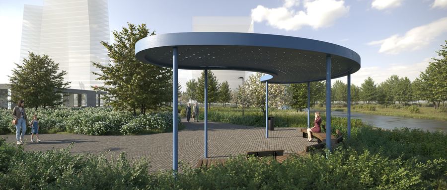 Peninsula Residential District · waterside pavilion — evening mood — before AI post-production