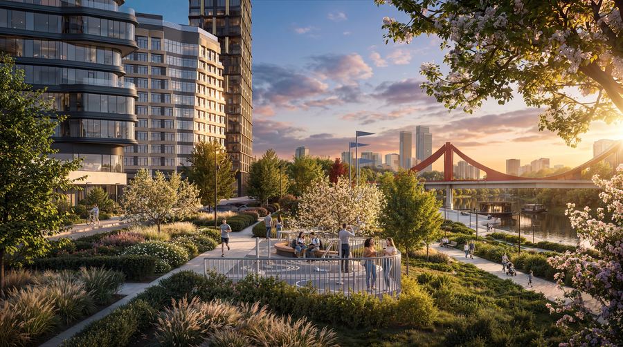 Peninsula Residential District · embankment — sunset over the river — after AI post-production