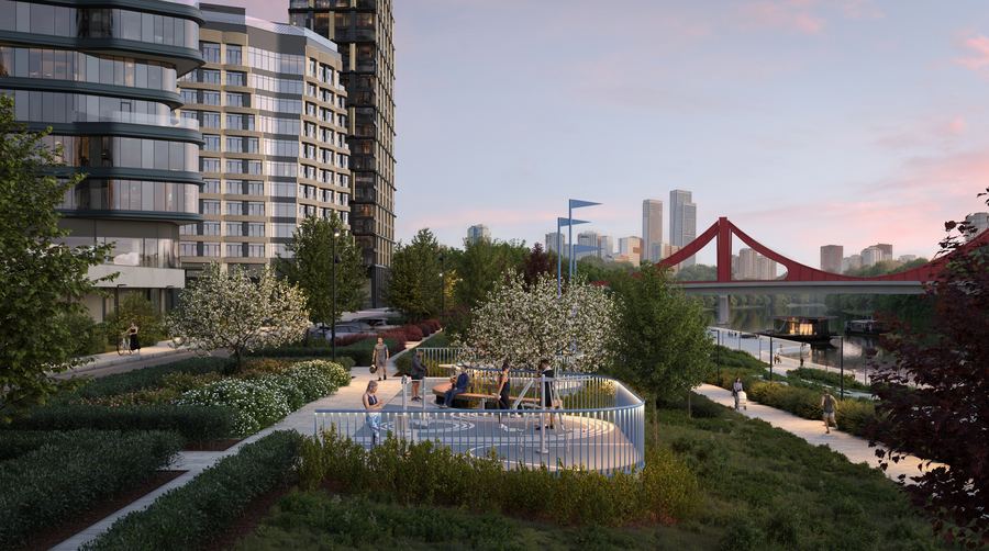 Peninsula Residential District · embankment — sunset over the river — before AI post-production