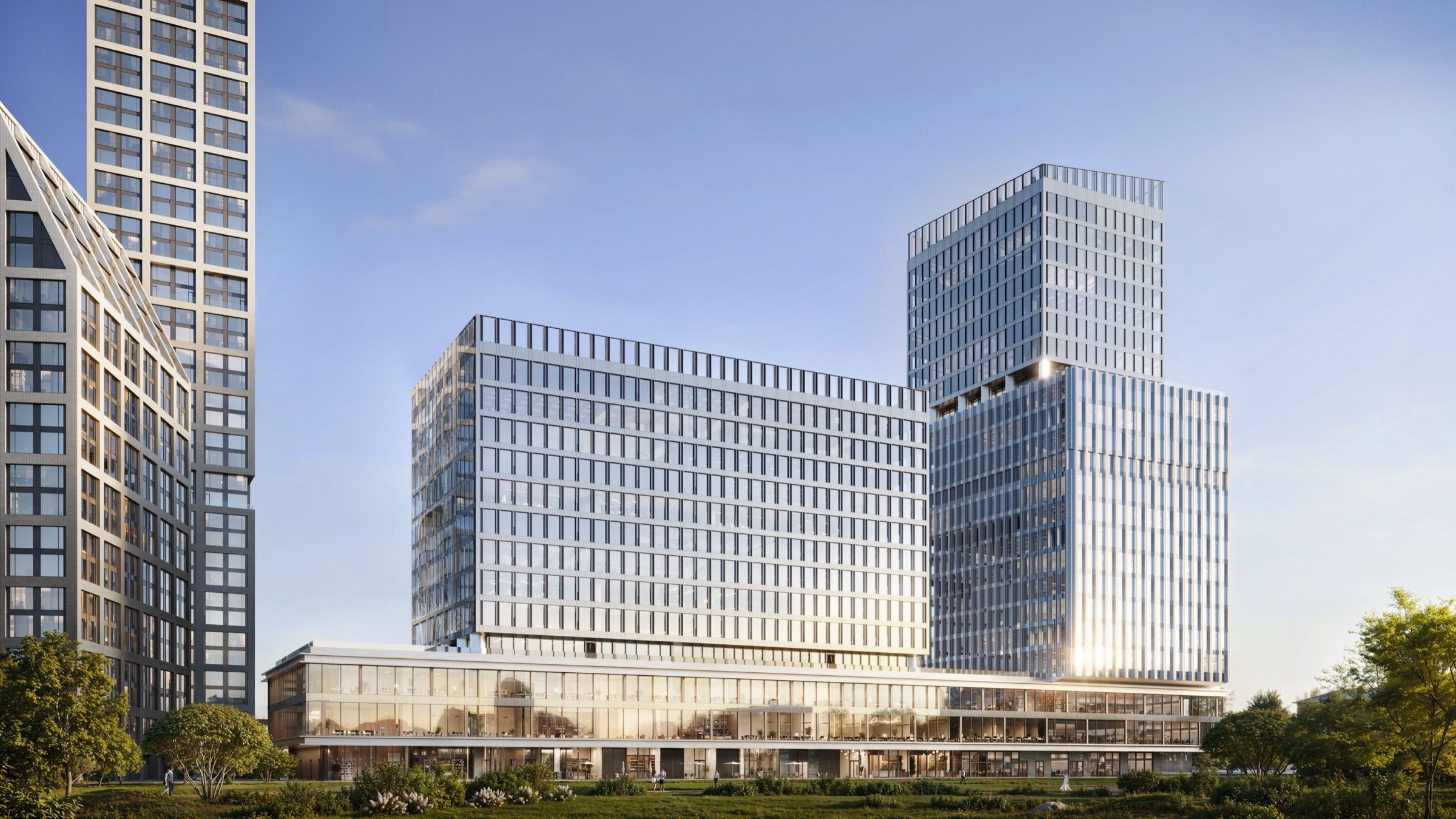 Three-Tower Business Quarter — architectural visualisation, frame 1