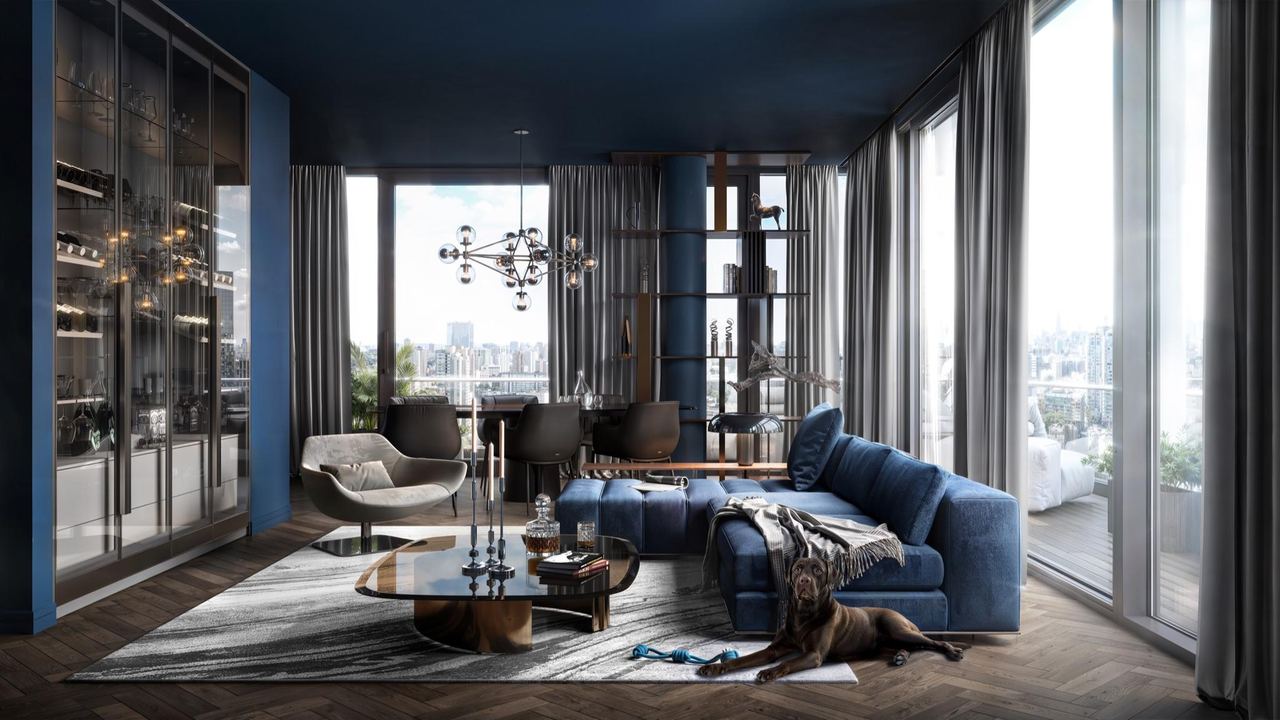 Living room with floor-to-ceiling glazing — interior visualisation by Photoreal3d