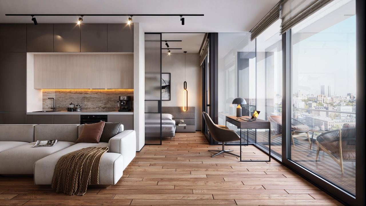 Bedroom with a city view — interior visualisation by Photoreal3d