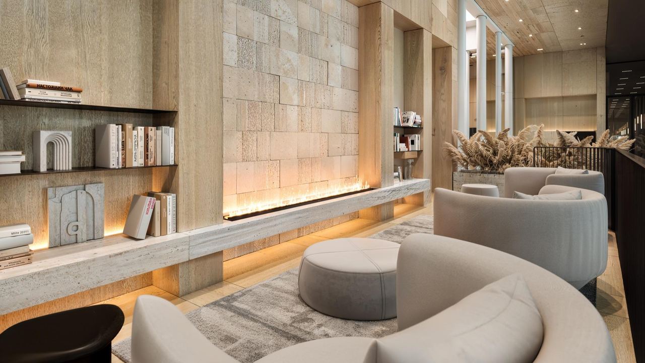 Living room with a library — interior visualisation by Photoreal3d