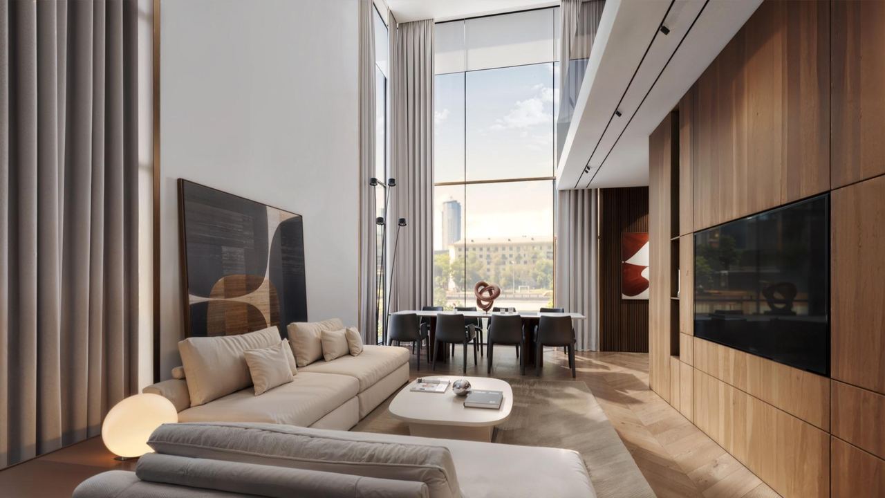 Living room with timber panelling — interior visualisation by Photoreal3d