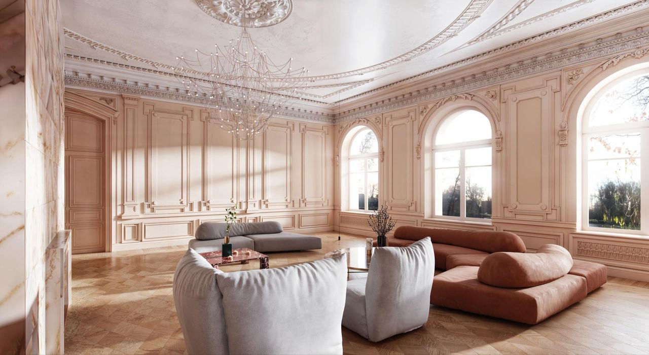 Classical-style living room — interior visualisation by Photoreal3d
