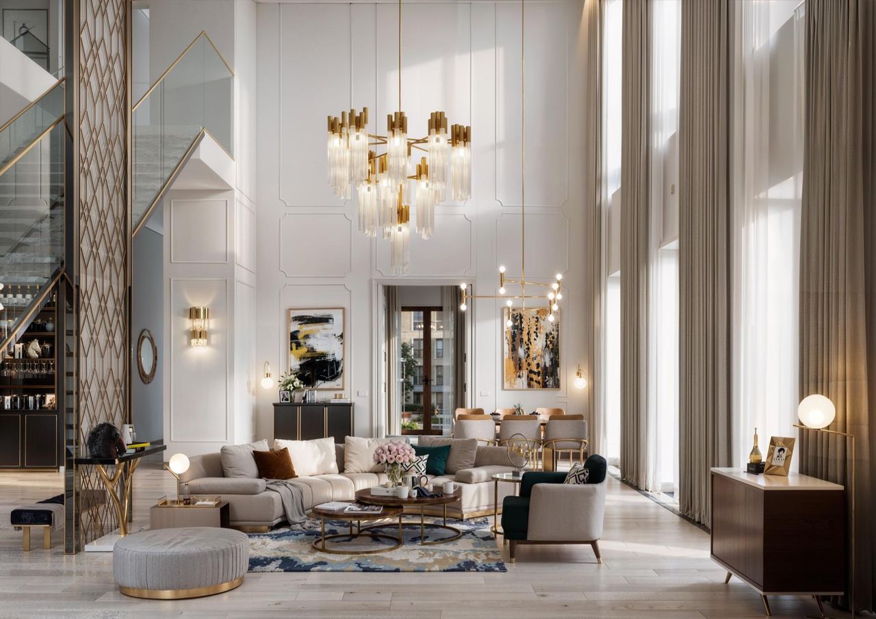 Double-height living room — interior visualisation by Photoreal3d