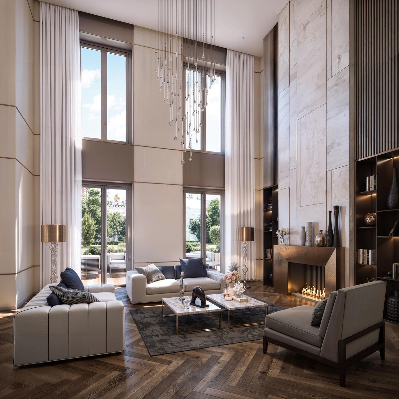Living room with a fireplace — interior visualisation by Photoreal3d