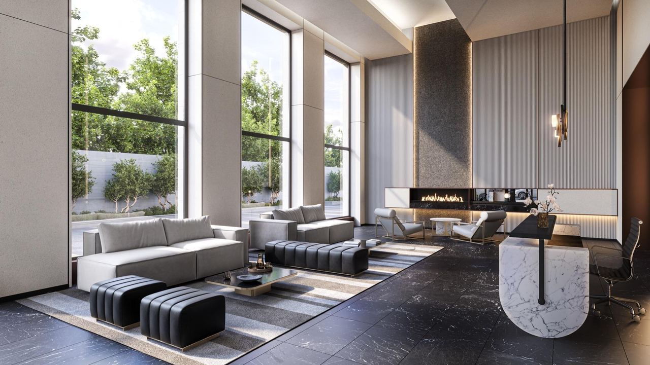 Lobby with floor-to-ceiling glazing — interior visualisation by Photoreal3d